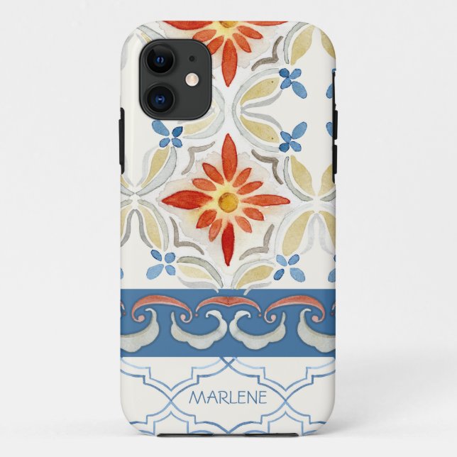 Capa Para iPhone 11 Azulejo Quatrefoil de Marrocos Padrão Floral Water (Verso)