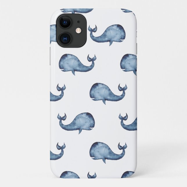 Capa Para iPhone 11 Baleia fofa azul-aquarela. Animais marinhos náutic (Verso)