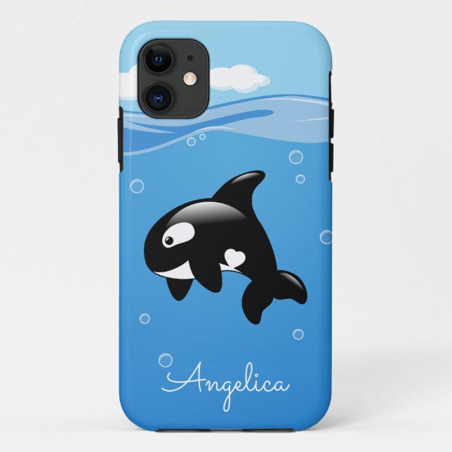 Capa Para iPhone 11 Baleia Orca Cuta no Oceano com Nome Personalizado (Verso)