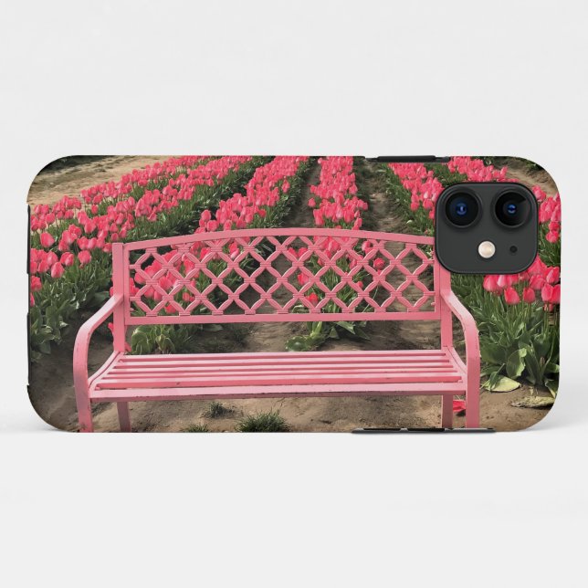 Capa Para iPhone 11 Banco rosa com tulipas cor-de-rosa (Verso (horizontal))