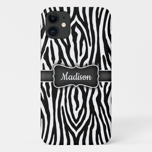 Capa Para iPhone 11 Bandas de Zebra Pretas e Brancas com Placa Nominal (Verso)