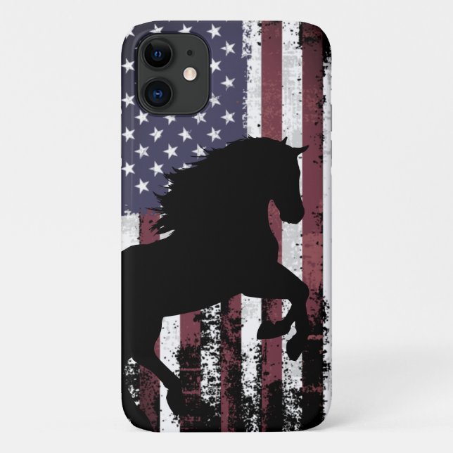 Capa Para iPhone 11 Bandeira Americana Patriótica e Cavalo Silhueta (Verso)