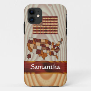 Capa Para iPhone 11 Bandeira e mapa americanos de madeira