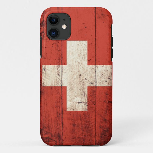 Capa Para iPhone 11 Bandeira suíça de madeira velha (Verso)