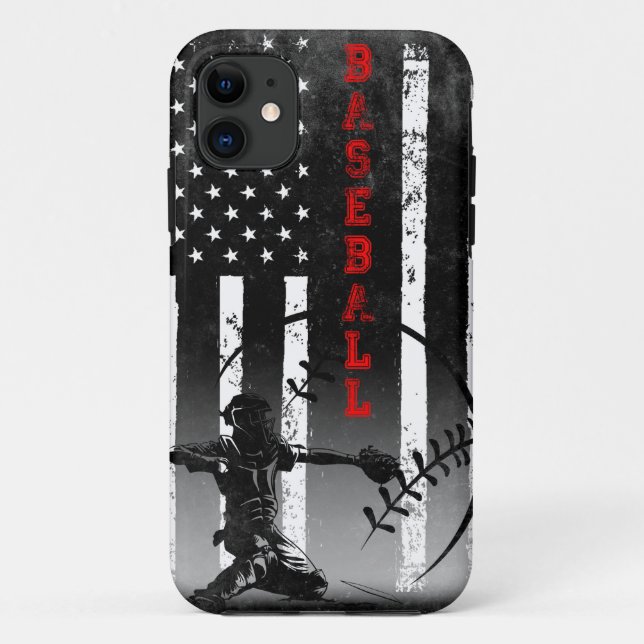 Capa Para iPhone 11 Baseball American Flag Black Art  (Verso)