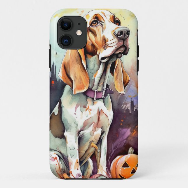 Capa Para iPhone 11 Basset Hound de Halloween com Abóboras Assustadora (Verso)