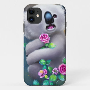 Capa Para iPhone 11 Bebê Adorável Urso Koala com Flores