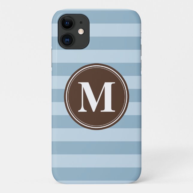Capa Para iPhone 11 Bebê Blue Stripes com Monograma castanho (Verso)