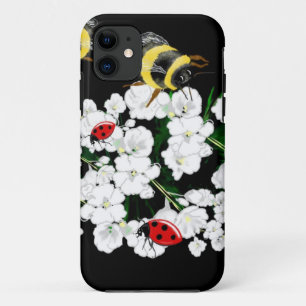 Capa Para iPhone 11 Bebês-frade e flores brancas em preto