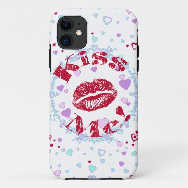 Capa Para iPhone 11 Beije-Me! Lábios Vermelhos com Corações (Verso)