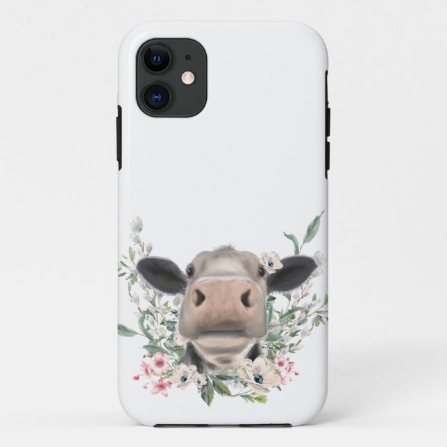 Capa Para iPhone 11 beijo de nariz de vaca flores aquarela cinza anima (Verso)