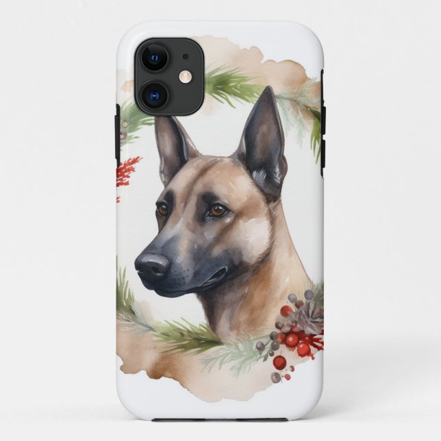 Capa Para iPhone 11 Belga Malinoi Christmas Wreath Festivo Pup (Verso)