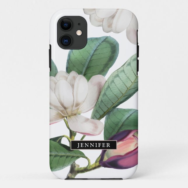 Capa Para iPhone 11 Belo Magnolia Blossomo Botânico com Nome (Verso)