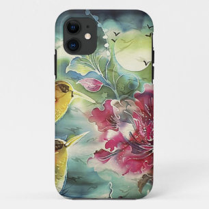 Capa Para iPhone 11 Belos beija-flores na Arte da Seda Noturna