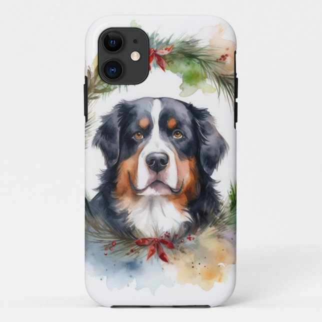 Capa Para iPhone 11 Bernese Mountain Christmas Wreath Festivo (Verso)