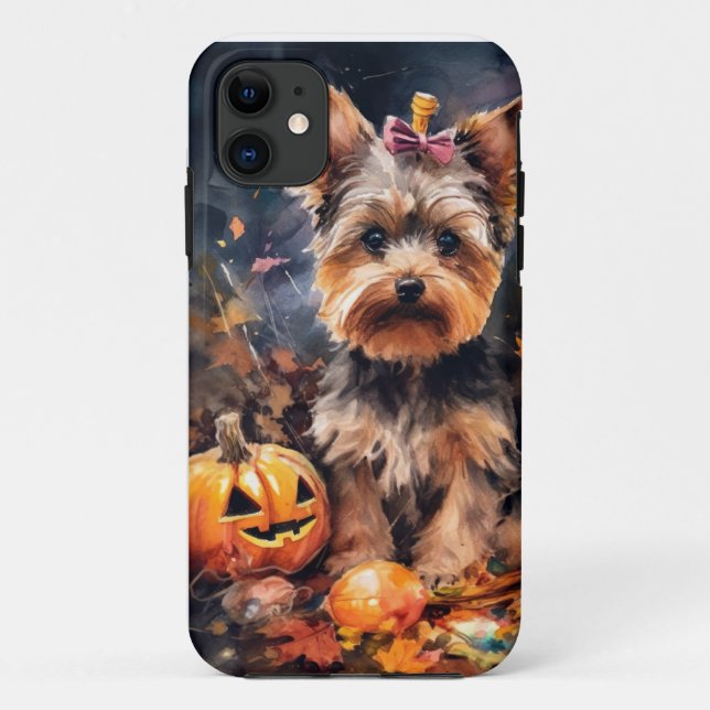 Capa Para iPhone 11 Biewer Terrier de Halloween com Abóboras Assustado (Verso)