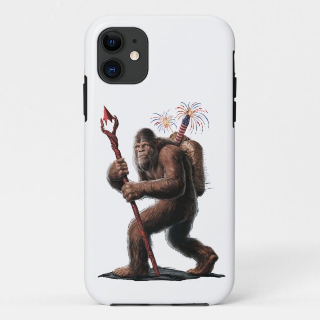 Capa Para iPhone 11 Bigfoot Fireworks 4 de julho, US Flag Sasquatch (Verso)
