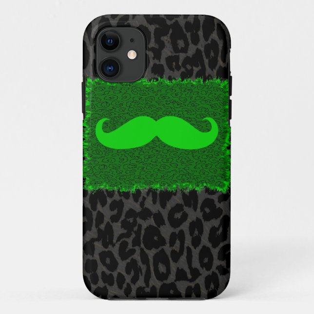 Capa Para iPhone 11 Bigode Engraçado Verde e Impressão Leopardo (Verso)