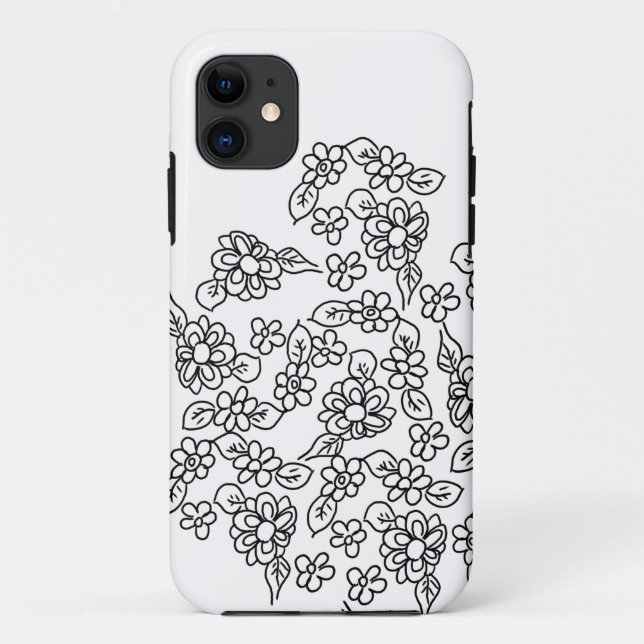 Capa Para iPhone 11 Black and white cute floral drawing (Verso)