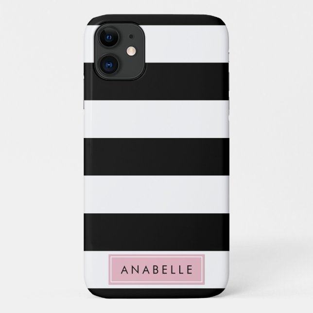 Capa Para iPhone 11 Black and White Stripes, Stripes, Linhas, Seu Nome (Verso)