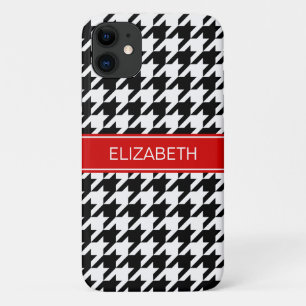 Capa Para iPhone 11 Black Whoundstooth #2 Red Name Monograma