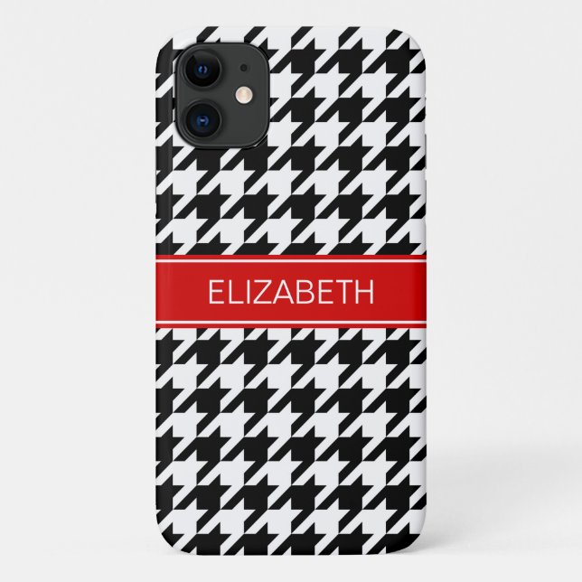 Capa Para iPhone 11 Black Whoundstooth #2 Red Name Monograma (Verso)