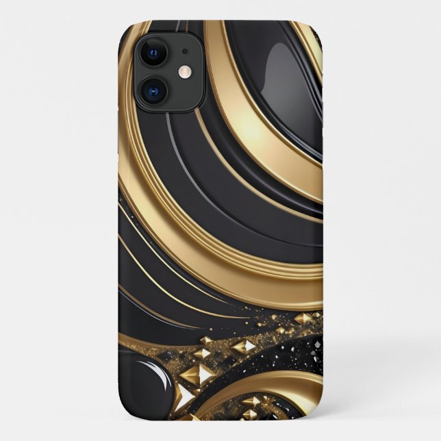 Capa Para iPhone 11 Bling Black Dourado Abstrato w Diamantes Pave Bril (Verso)