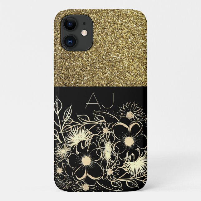 Capa Para iPhone 11 Bling Bling Ouro Brilho Flores Pretas Luxo (Verso)