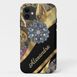 Capa Para iPhone 11 Bling elegante chique do cristal de rocha do ouro