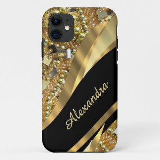 Capa Para iPhone 11 Bling elegante chique do preto e do ouro