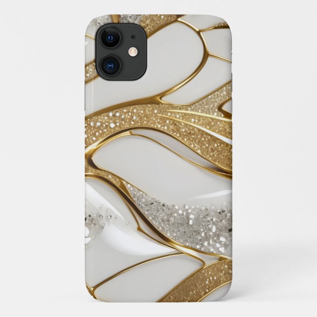 Capa Para iPhone 11 Bling White Dourado Abstrato w Diamantes Pave Bril (Verso)