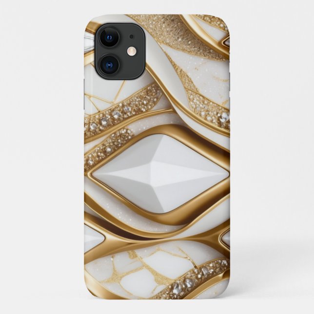 Capa Para iPhone 11 Bling White Dourado Gemstone w Pave Diamantes Bril (Verso)