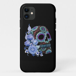 Capa Para iPhone 11 Blue Floral Black Sugar Skull Day Of The Dead