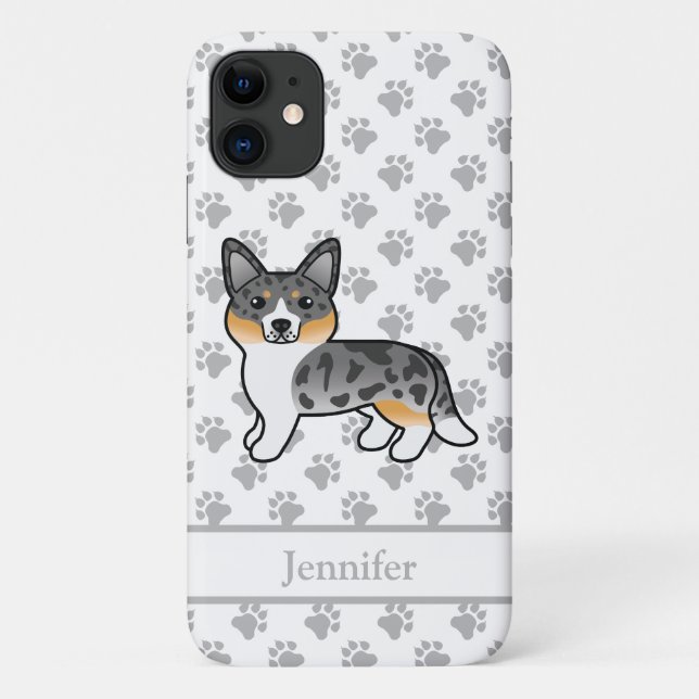 Capa Para iPhone 11 Blue Merle Cardigan Welsh Corgi Dog & Name (Verso)
