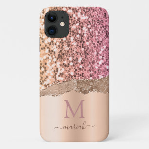 Capa Para iPhone 11 Blush Rosa Dourado Feminino Monograma Brilho Falso