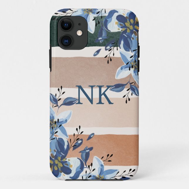 Capa Para iPhone 11 Boas iniciais Flores e listras de aquarela (Verso)