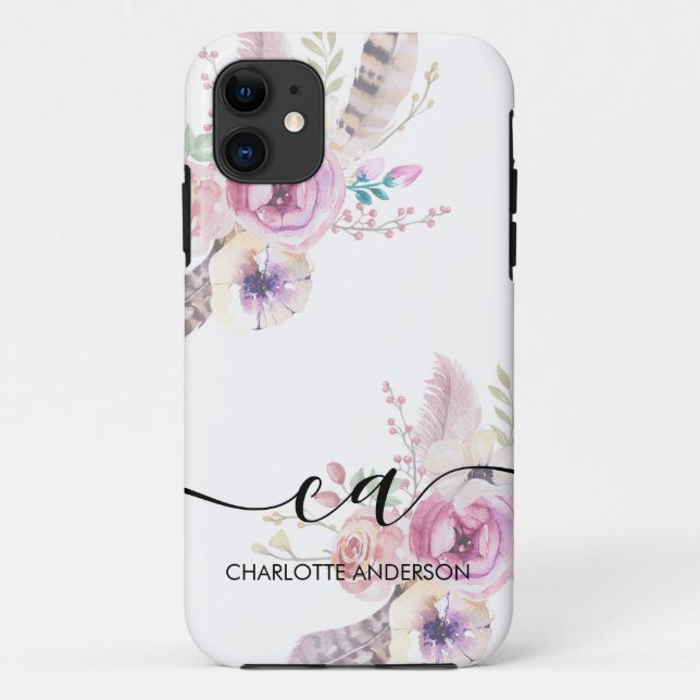 Capa Para iPhone 11 Boho Flower, Monograma (Verso)