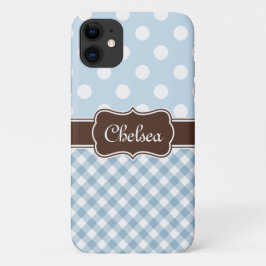 Capa Para iPhone 11 Bolinhas Azul Padrões Gingham Nome castanho