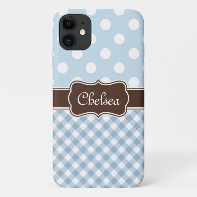 Capa Para iPhone 11 Bolinhas Azul Padrões Gingham Nome castanho (Verso)