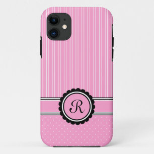 Capa Para iPhone 11 Bolinhas de faixas iniciais cor-de-rosa monogramas