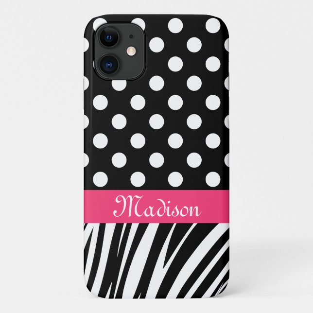 Capa Para iPhone 11 Bolinhas Negras Zebra Stripe Nome Rosa (Verso)