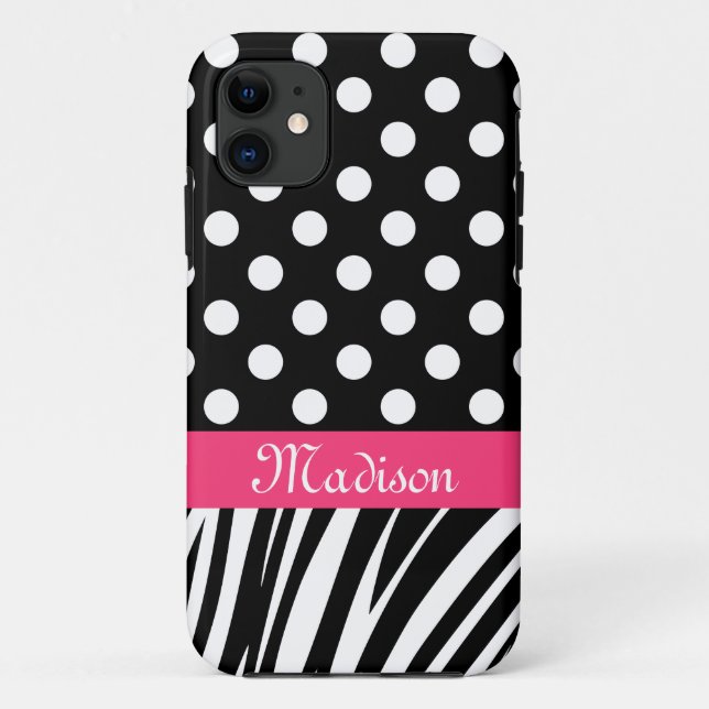 Capa Para iPhone 11 Bolinhas Negras Zebra Stripe Nome Rosa (Verso)
