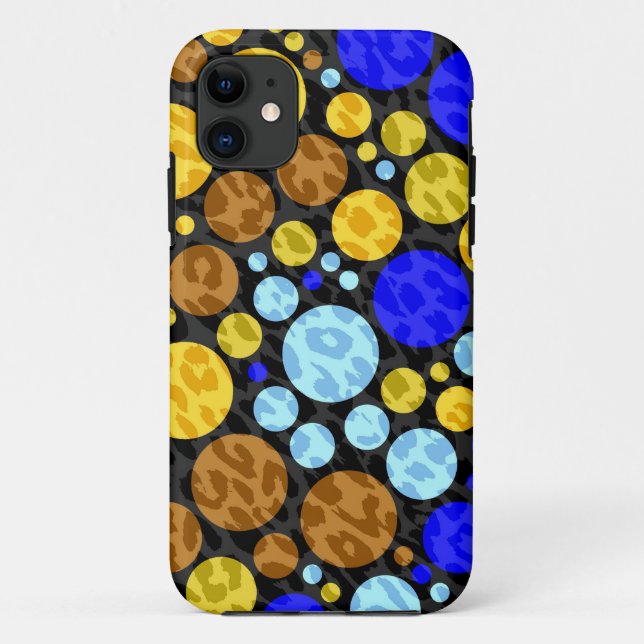 Capa Para iPhone 11 Bolinhas Retro Leopardo | Azul-Amarelo (Verso)