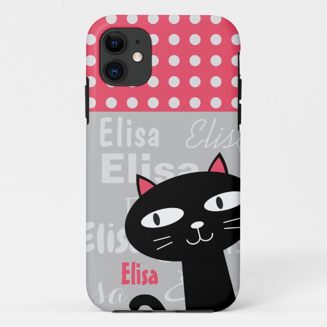Capa Para iPhone 11 Bolinhas Rosa Gato Preto-Grito Adicionam Seu Nome (Verso)