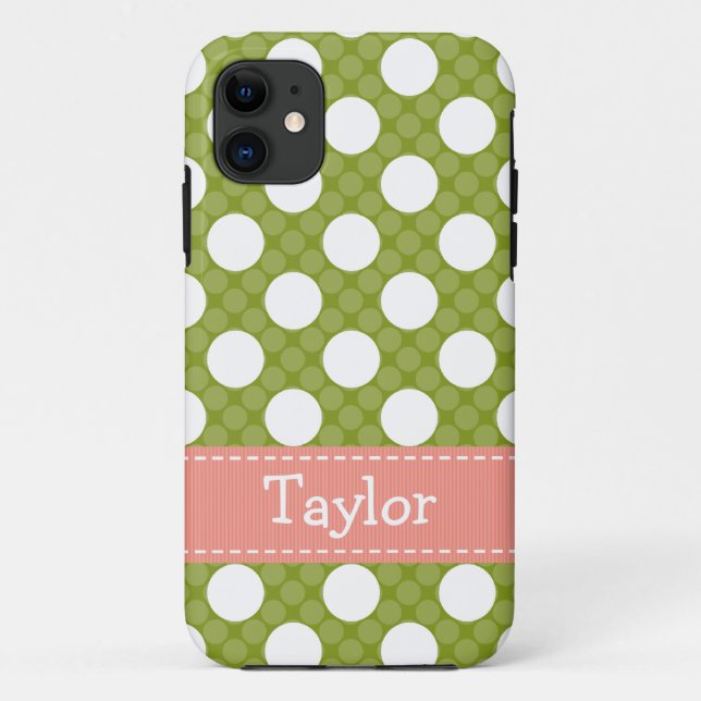 Capa Para iPhone 11 Bolinhas verdes cor-de-rosa (Verso)