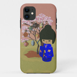 Capa Para iPhone 11 Boneca bonito do kokeshi com árvore da flor de