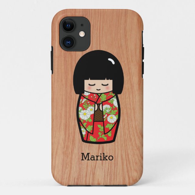 Capa Para iPhone 11 Boneca Japonesa Kawaii Kokeshi em Red Kimono em Ma (Verso)