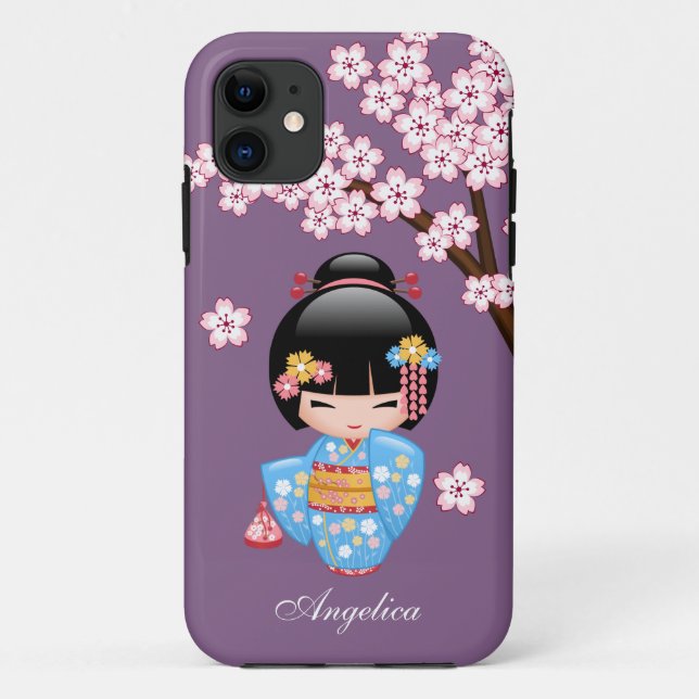 Capa Para iPhone 11 Boneca Maiko Kokeshi - Rapariga Kimono Geisha Azul (Verso)