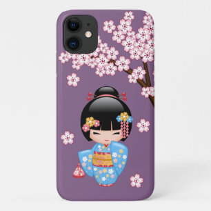 Capa Para iPhone 11 Boneca Maiko Kokeshi - Rapariga Kimono Geisha Azul