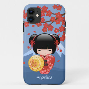 Capa Para iPhone 11 Boneca Red Sakura Kokeshi - Garota Gisha Bonita
